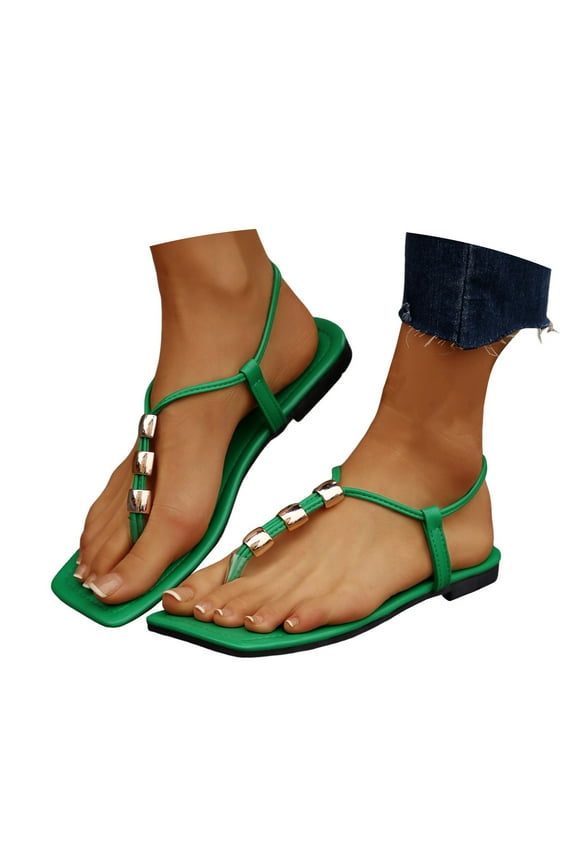 Slip on Sandals Women T-Strap Thong Flat Sandals Square Toe Beaded Slingback Flip Flops