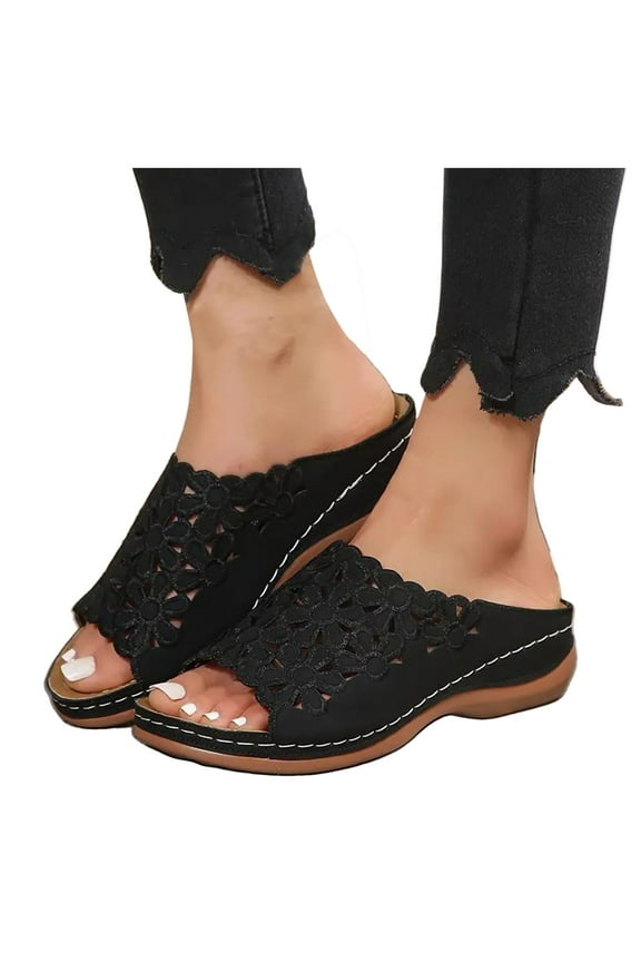 Slippers for Women Boho Floral Hollow Out Wedge Sandals Slip on Slides Beach Dress Shoes
