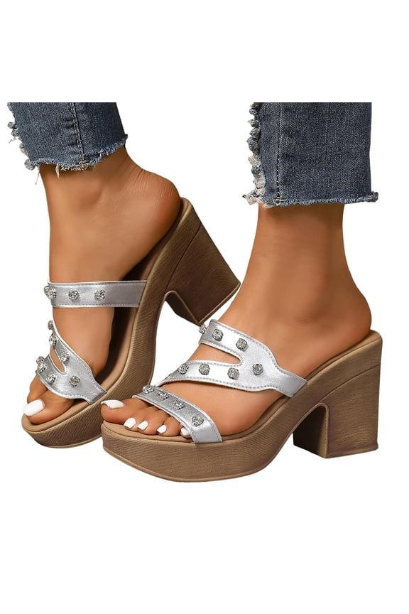 Slippers for Women Platform Sandals Chunky Heels Glitter Rhinestone Heeled Sandals Pumps Shoe