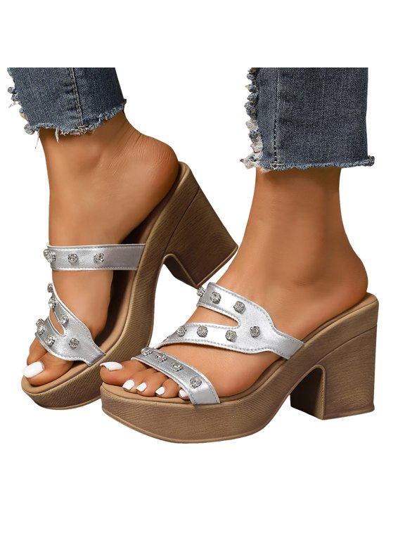 Slippers for Women Platform Sandals Chunky Heels Glitter Rhinestone Heeled Sandals Pumps Shoe