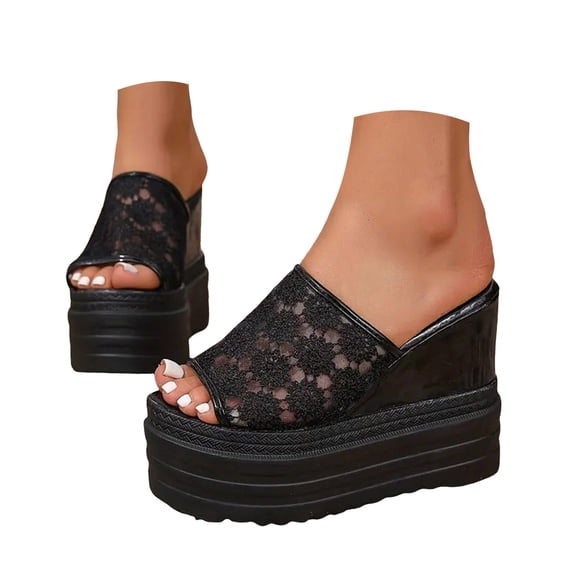 IUJSOY Slippers for Women Platform Sandals Wedge Slip on Shoes Peep Toe Lace Mesh High Heels