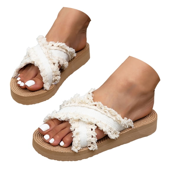 Mostsola Slippers for Women Tassel Cross Band Platform Sandals Casual Slip on Shoes Summer Slides