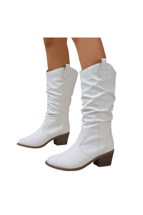 Slouchy Cowboy Boots for Women Stacked Heel Pull on Casual Leather Round Toe Mid Calf Boots