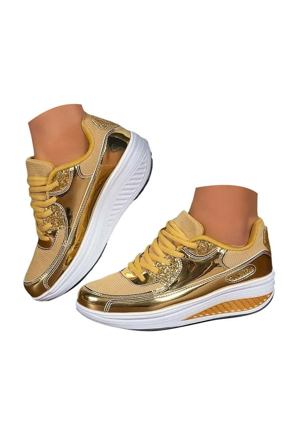 Sneakers for Women Fashion Glitter Walking Shoes Lace up Wedge Sneakers Platform Tennis Shoes