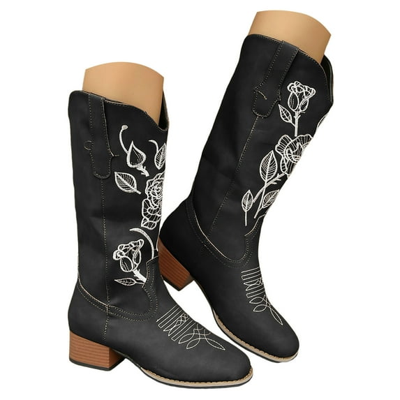 IUJSOY Square Toe Cowboy Boots for Women Floral Embroidery Western Cowgirl Mid Wide Calf Boots