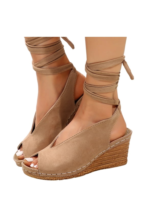 Strappy Sandals for Women Peep Toe Front V Cut Wedge Sandals Casual Lace up Dress Shoes