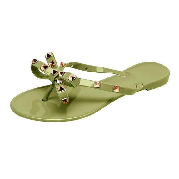 IUJSOY Studded Jelly Flip Flops for Women Bowknot Sandals Flat Thongs Slippers Slip on Beach Shoes