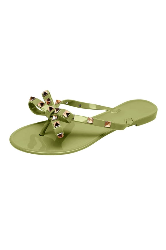 Studded Jelly Flip Flops for Women Bowknot Sandals Flat Thongs Slippers Slip on Beach Shoes
