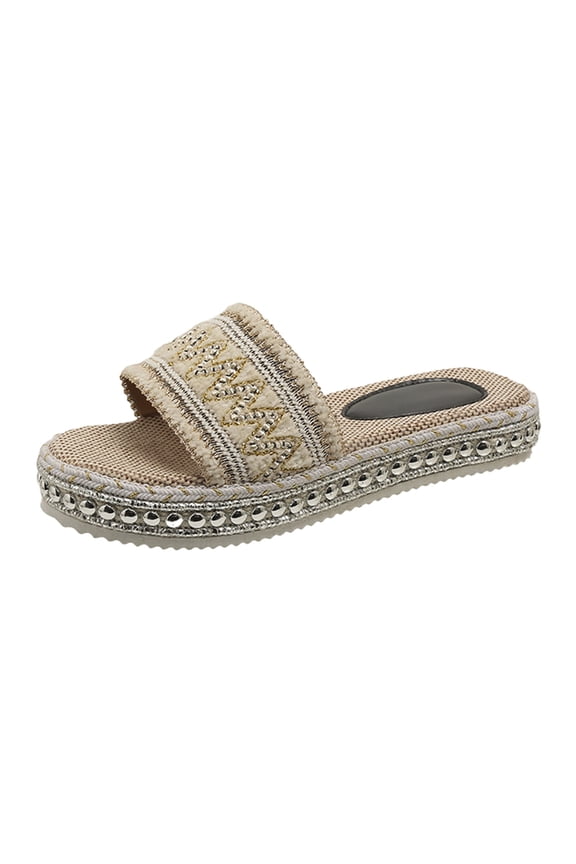 Studded Platform Sandals for Women Espadrilles Slides Slip on Bohemia Embroidery Band Sandals