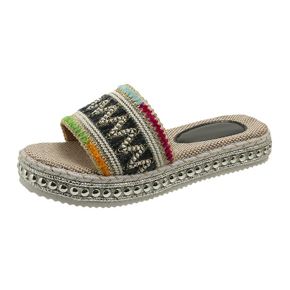 IUJSOY Studded Platform Sandals for Women Espadrilles Slides Slip on Bohemia Embroidery Band Sandals