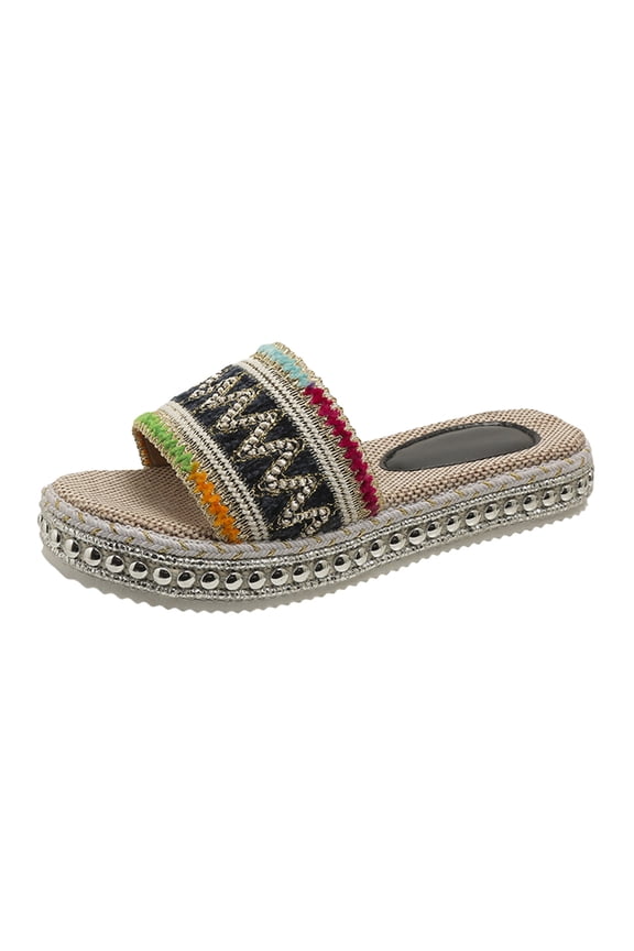 Studded Platform Sandals for Women Espadrilles Slides Slip on Bohemia Embroidery Band Sandals