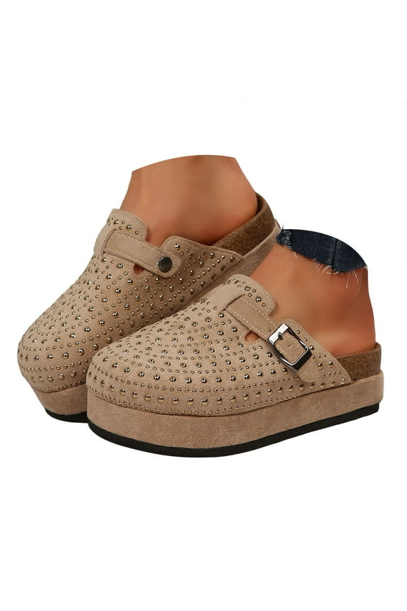 Suede Rhinestone Clogs for Women Cork Footbed Sandals Chunky Platform Mules Slip on Slippers