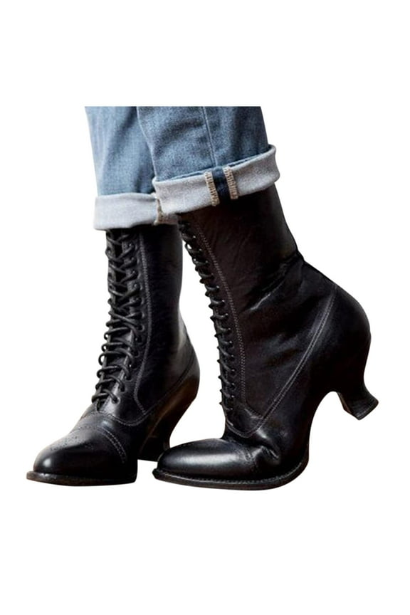 Vintage Mid Calf Boots for Women Lace up Dressy Wedding Party Victorian Boots Kitten Heels