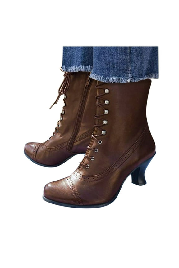 Vintage Mid Calf Boots for Women Lace up Dressy Wedding Party Victorian Boots Kitten Heels