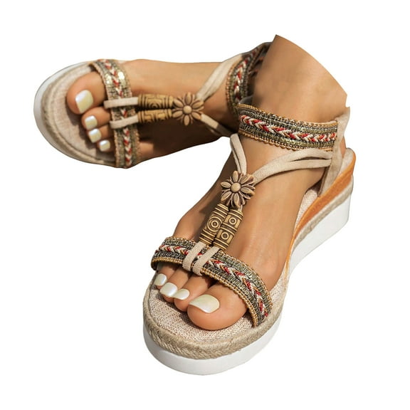 Mostsola Wedge Espadrilles for Women Open Toe Sandals Casual Boho Rhinestone Beaded Beach Shoes