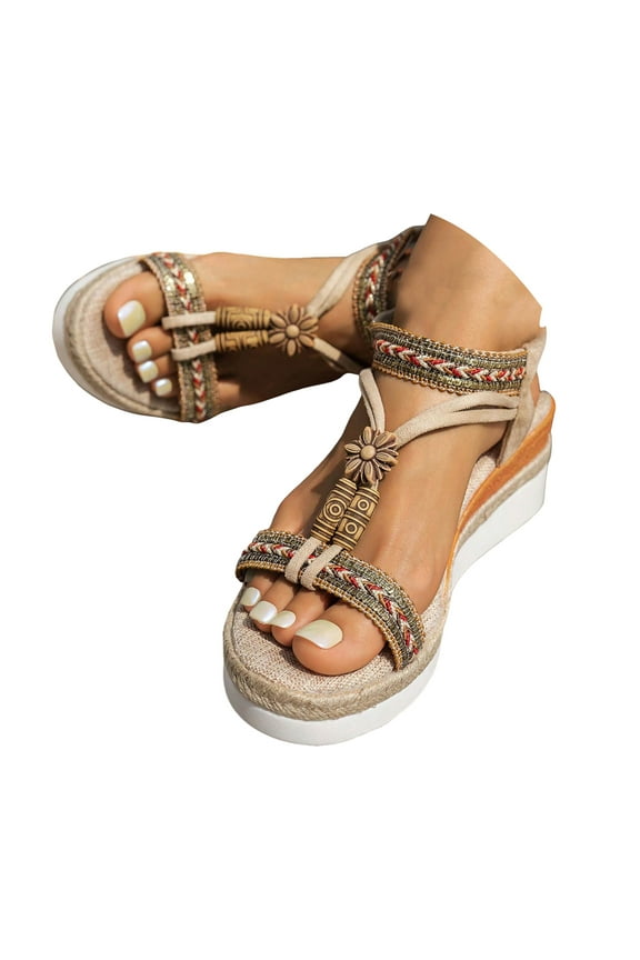 Wedge Espadrilles for Women Open Toe Sandals Casual Boho Rhinestone Beaded Beach Shoes