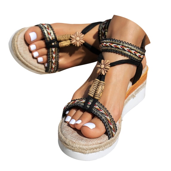 IUJSOY Wedge Espadrilles for Women Open Toe Sandals Casual Boho Rhinestone Beaded Beach Shoes