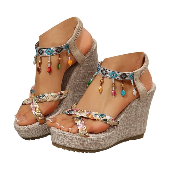 Mostsola Wedge Sandals for Women Boho Braided Slingback Heels Casual Tassel Platform Beach Shoes