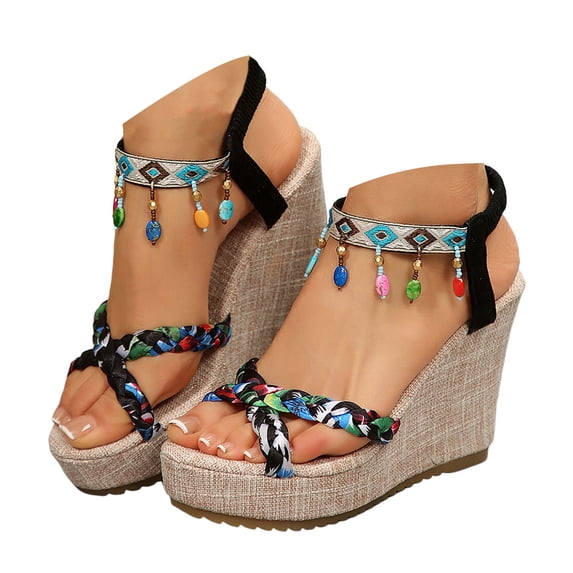 Mostsola Wedge Sandals for Women Boho Braided Slingback Heels Casual Tassel Platform Beach Shoes