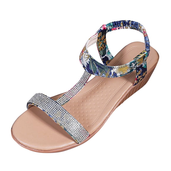 IUJSOY Wedge Sandals for Women Summer Low Wedge Comfort Sandals Rhinestone Strappy Casual Shoes