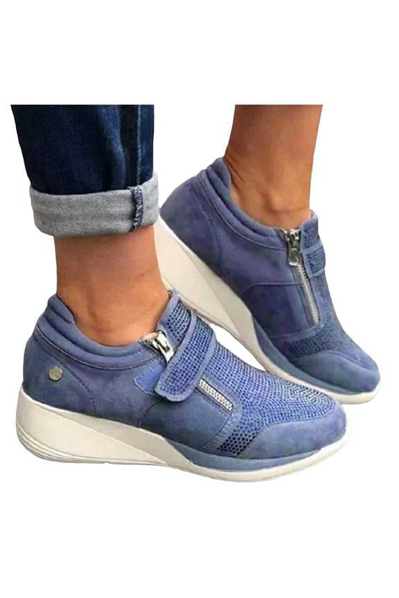 Wedge Sneakers for Women Suede Rhinestone Tennis Shoes Hook and Loop Zipper Fashion Sneakers