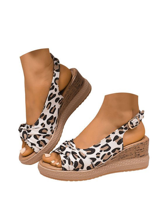 Wedges Sandals for Women Leopard Print Slingback Dress Shoes Peep Toe Platform Sandals