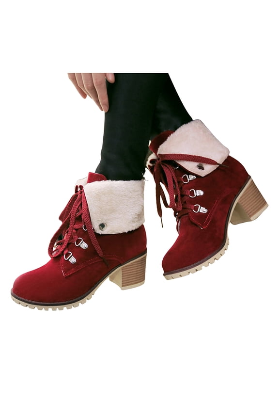 Winter Snow Boots for Women Furry Lined Lace up Stacked Heel Ankle Boots Lug Sole Booties