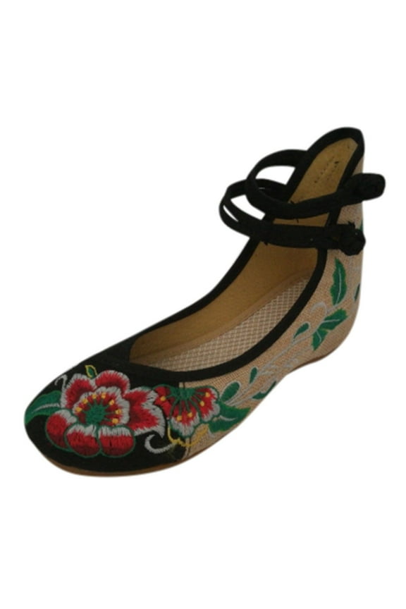 Women Flat Shoes with Ankle Strap Low Heel Flats Vintage Embroidery Casual Dress Shoes