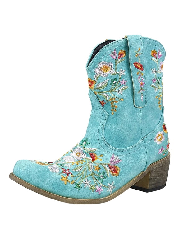 Women Floral Embroidered Ankle Cowgirl Boots Square Toe Western Boots Pull on Short Boots