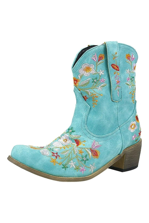 Women Floral Embroidered Ankle Cowgirl Boots Square Toe Western Boots Pull on Short Boots