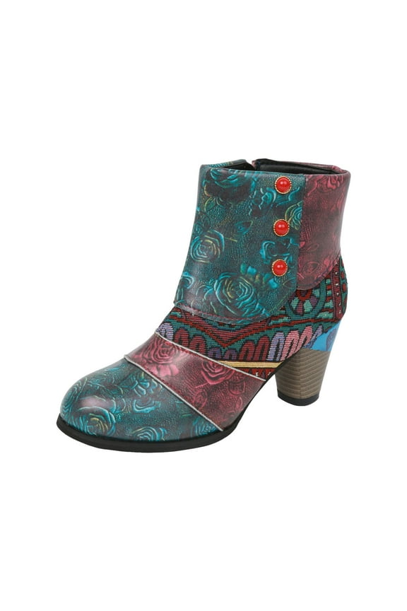 Women's Ankle Boots Fashion Bohemian Print Heels Casual Zipper Booties Round Toe Pumps Shoes