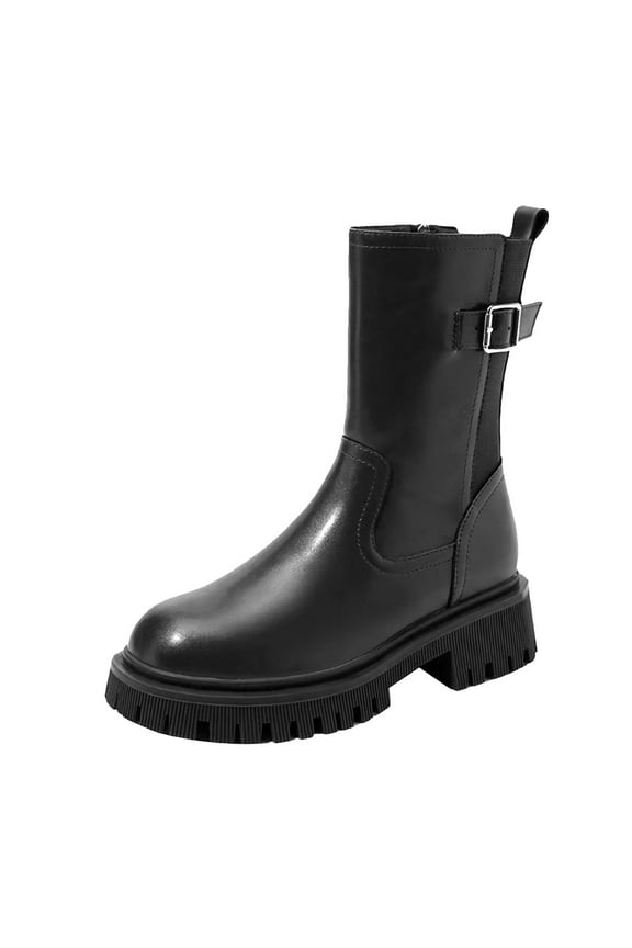 Women's Biker Boots Low Heel Ankle Boots Lug Sole Motorcycle Boots with Side Zipper