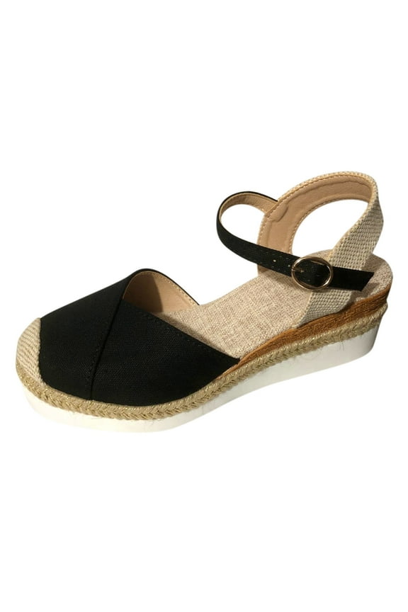Women's Closed Toe Wedge Sandals Summer Buckle Ankle Strap Espadrilles Retro Canvas Shoes