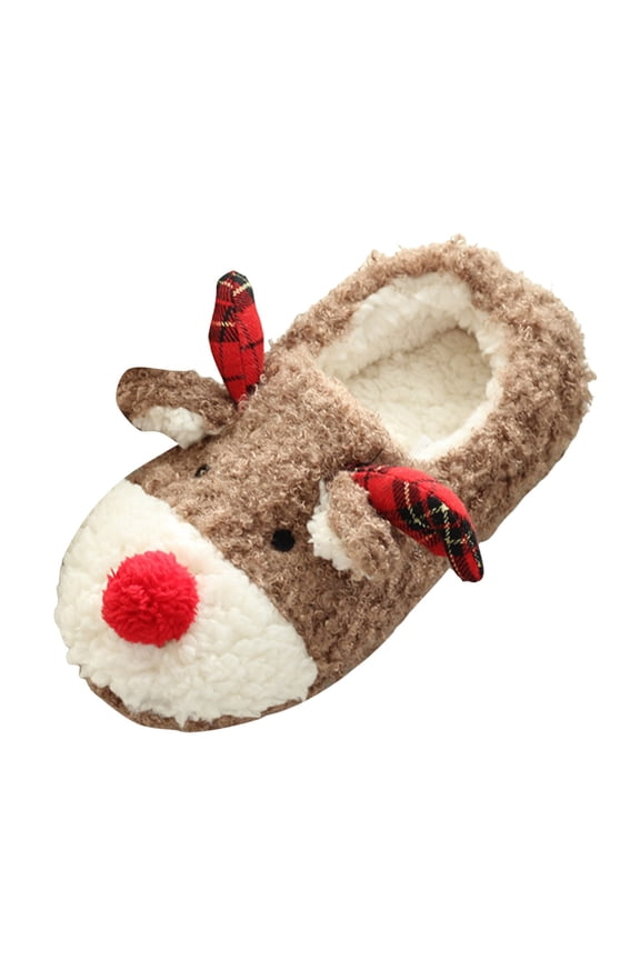 Women's Cute Fuzzy Reindeer House Slippers Stuffed Christmas Bedroom Slippers Indoor Shoes