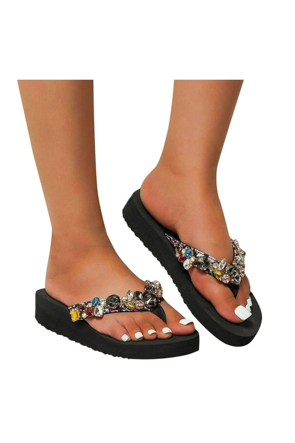 Women's Flip Flops Black Platform Wedge Bling Rhinestone Sandals Casual Thong Slides