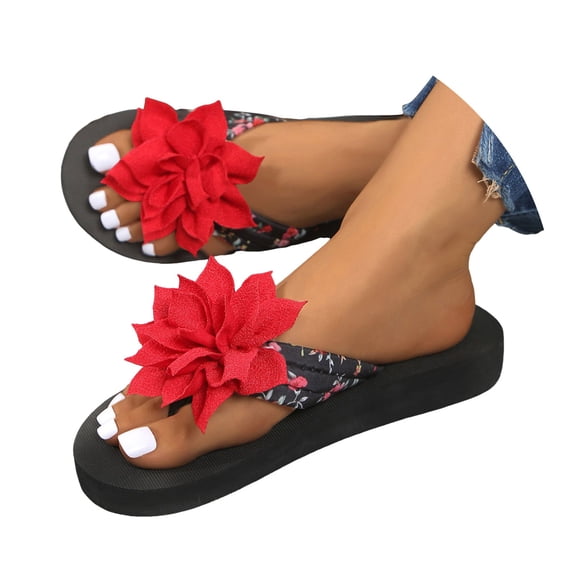 IUJSOY Women's Flower Flat Sandals Slides for Women Flip Flops Open Toe Summer Slip on Black Sandals