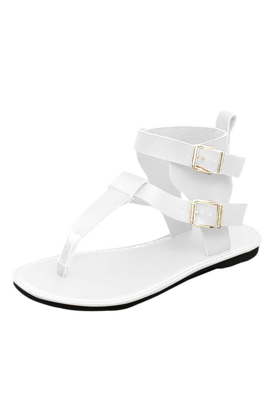 Women's Gladiator T-Strap Sandals Clip Toe Roman High Top Ankle Buckle Strap Flat Sandals