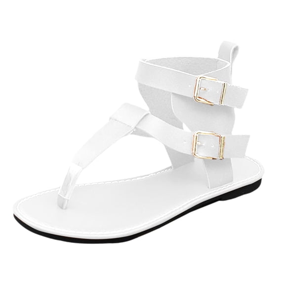 IUJSOY Women's Gladiator T-Strap Sandals Clip Toe Roman High Top Ankle Buckle Strap Flat Sandals