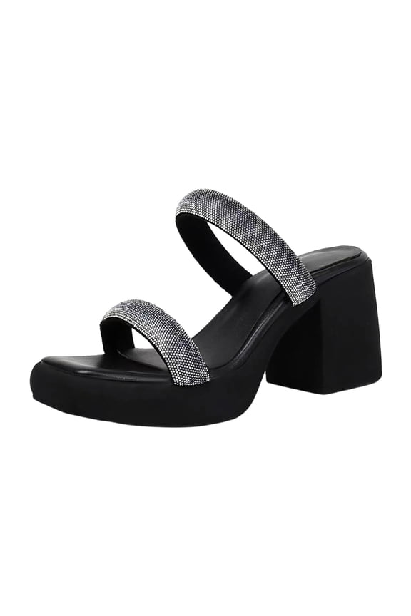Women's Heeled Platform Sandals Two Rhinestone Strap Open Toe Slip on Mules Cute Slides