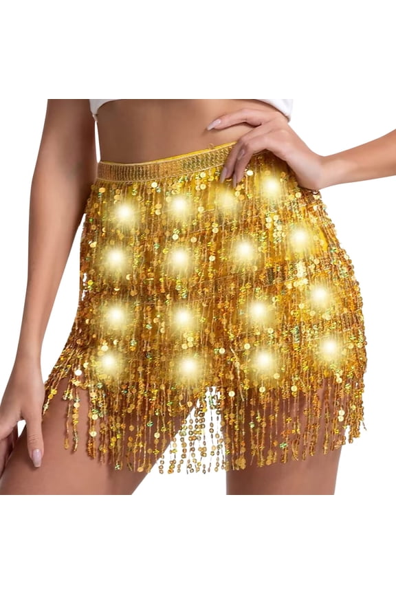 Women's Light up Sequin Skirt LED Tassel Fringe Scarf Skirt Rave Party Belly Dance Skirt