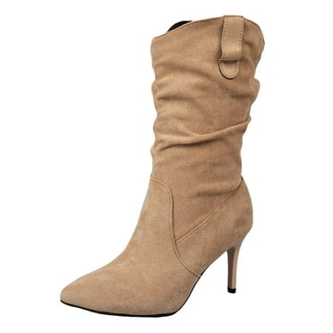 IUJSOY Women's Mid Calf Slouchy Boots Slip on Stiletto Suede High Heel Point Toe Shoes Boots