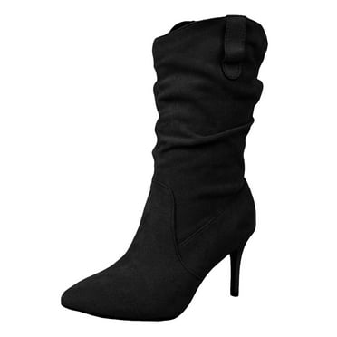 IUJSOY Women's Mid Calf Slouchy Boots Slip on Stiletto Suede High Heel Point Toe Shoes Boots