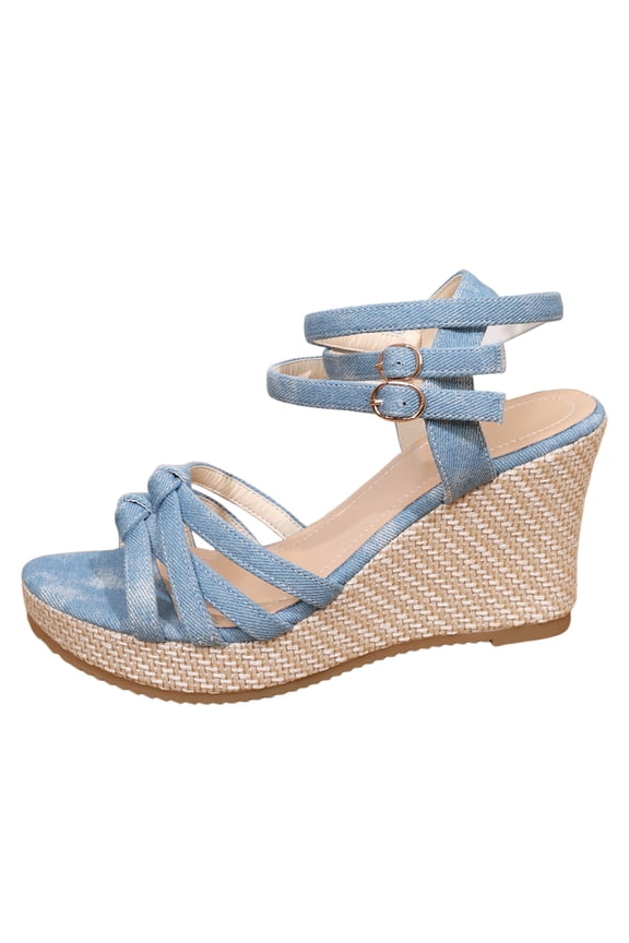 Women's Platform Wedge Sandals Bow Strappy Open Toe Double Ankle Buckle Strap High Heels