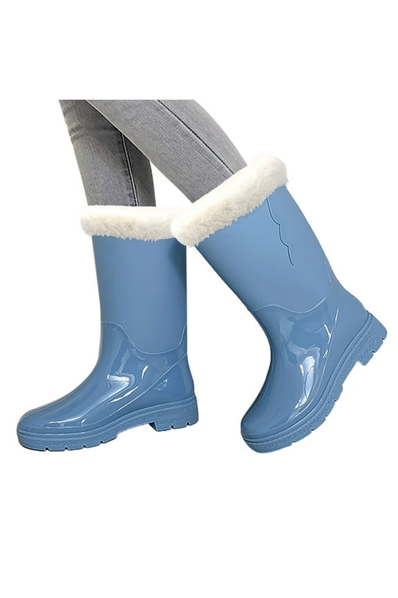 Women's Rain Boots Mid-Calf Waterproof Rainboots Plush Rubber Shoes for Outdoor Work Garden