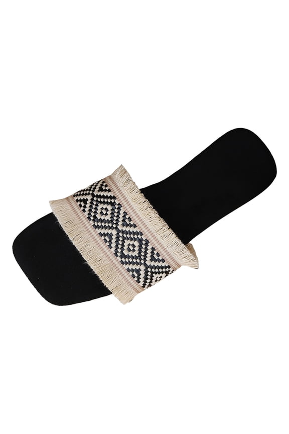 Women's Square Toe Sandals Flats Braided Tassel Single Band Slip on Slides Summer Beach Shoes