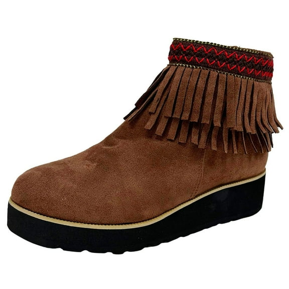 IUJSOY Women's Suede Fringe Ankle Boots Round Toe Flats Winter Warm Western Outdoor Short Boots with Side Zipper