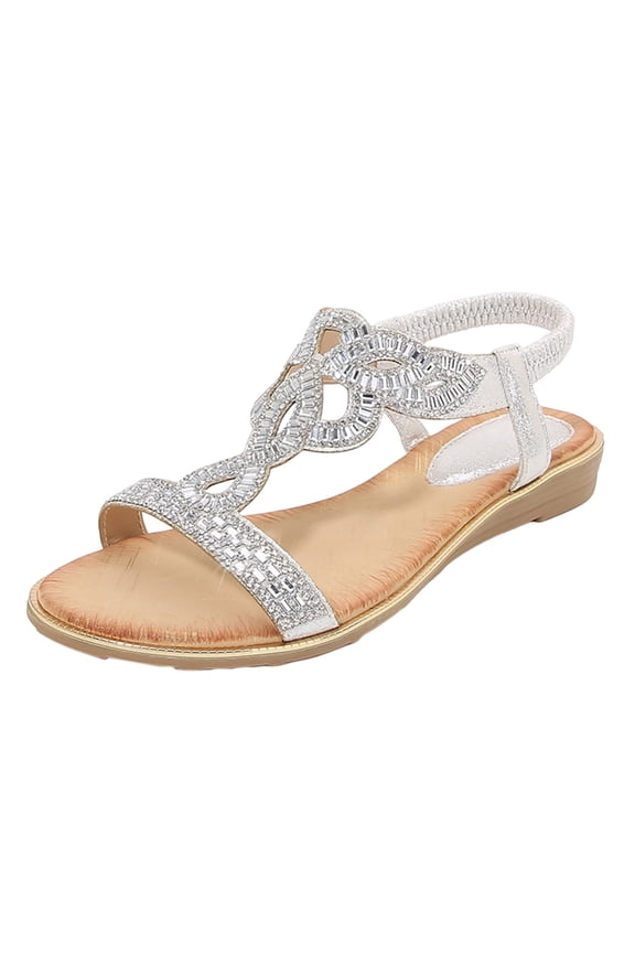 Women's T-Strap Beaded Rhinestone Flat Sandals Dress Summer Beach Bohemia Shoes Elastic Strap