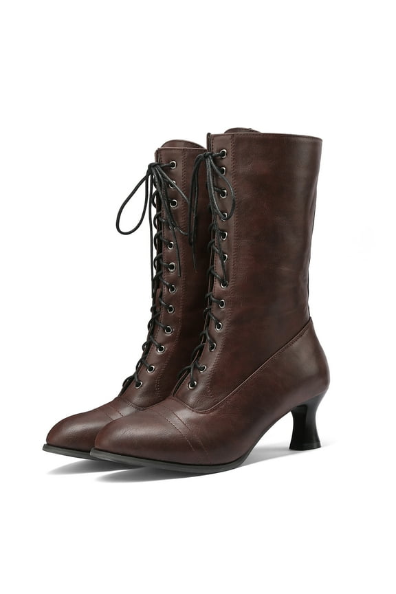 Women's Victorian Ankle Boots Kitten Heel Mid Calf Boots Lace up Fall Dress Witch Booties