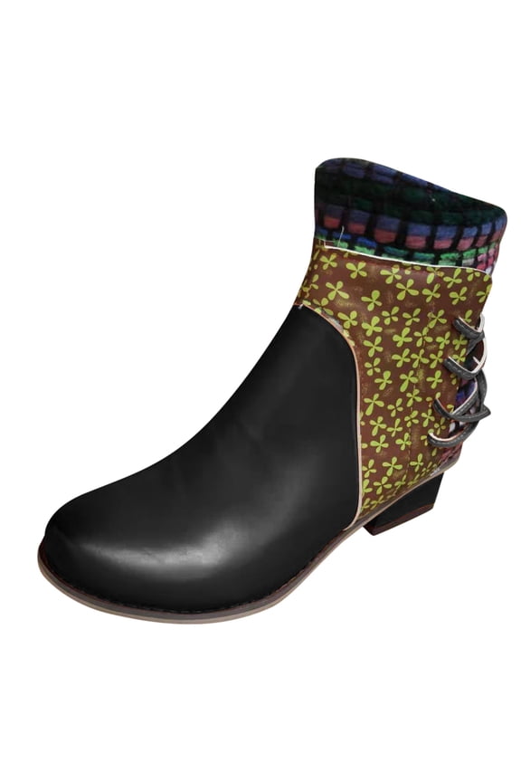 Women's Vintage Ethnic Boho Boots Side Zipper Stacked Heel Short Ankle Boots Dress Booties