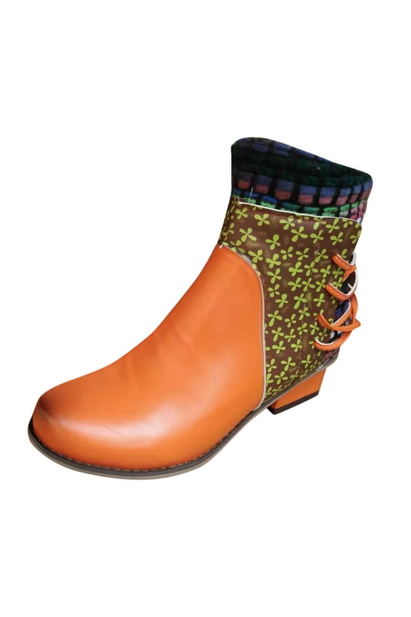 Women's Vintage Ethnic Boho Boots Side Zipper Stacked Heel Short Ankle Boots Dress Booties